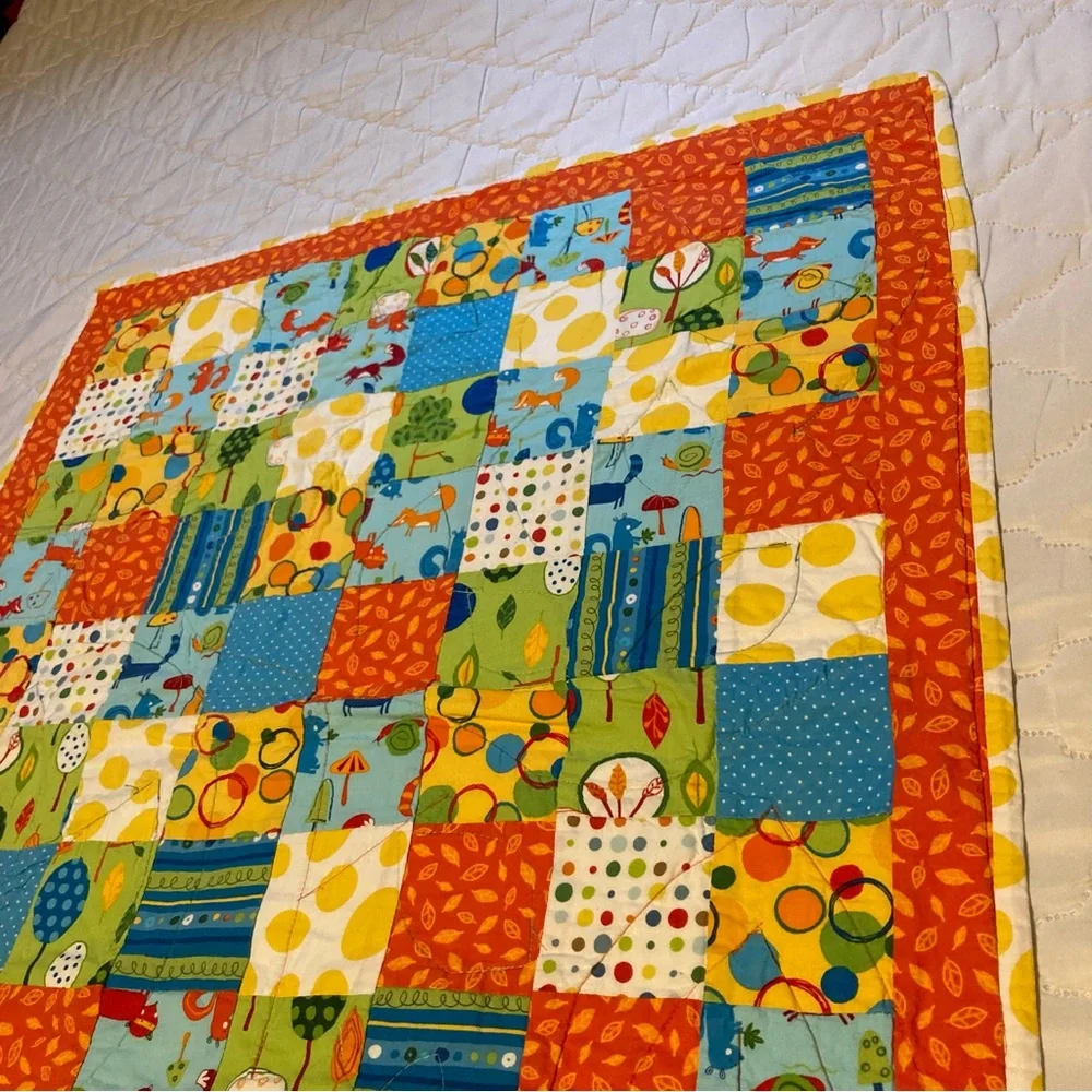 Handmade Rectangular Patch Quilt Colorful Forest Animals Bright 36 x 29 inches